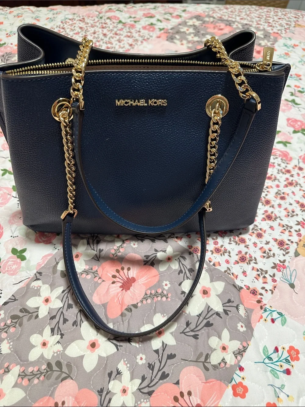 Michael Kors Navy Pebbled Leather Shoulder Tote with Gold Chain Straps